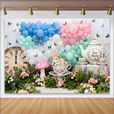 Lofaris Teeparty Hase Vintage Uhr Ostern Hintergrund Pastell Ballon Schmetterling