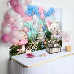 Lofaris Alice Teeparty Hase Vintage Uhr Ostern Hintergrund Pastell Ballonbogen