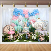Lofaris Alice Teeparty Hase Vintage Uhr Ostern Hintergrund Pastell Ballonbogen