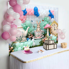 Lofaris Süßer Hase in Teetasse Vintage Uhr Ostern Hintergrund Pastell Ballon Frühling