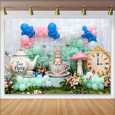 Lofaris Süßer Hase in Teetasse Vintage Uhr Ostern Hintergrund Pastell Ballon Frühling