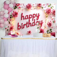 Lofaris Pinke Rosen Lichterkette Happy Birthday Hintergrund Elegant Blumen Frauen