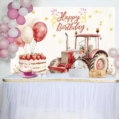 Lofaris Aquarell Roter Traktor Erdbeerkuchen Happy Birthday Hintergrund Bauernhof Ballon