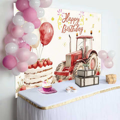 Lofaris Aquarell Roter Traktor Erdbeerkuchen Happy Birthday Hintergrund Bauernhof Ballon