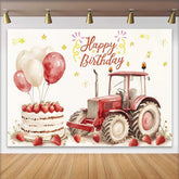 Lofaris Aquarell Roter Traktor Erdbeerkuchen Happy Birthday Hintergrund Bauernhof Ballon