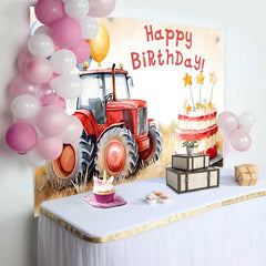 Lofaris Aquarell Roter Traktor Sternenkuchen Happy Birthday Hintergrund Bauernhof Ballon