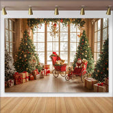Lofaris Vintage Fenster Weihnachtsbaum Hintergrund Rote Kutsche Teddybär Winter