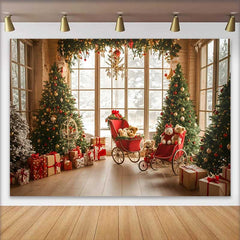 Lofaris Vintage Fenster Weihnachtsbaum Hintergrund Rote Kutsche Teddybär Winter