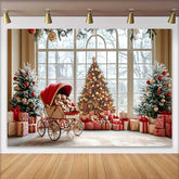 Lofaris Weihnachten Fotohintergrund Winter Fenster Schneeszene Roter Kinderwagen Teddybär