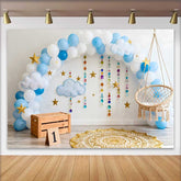 Lofaris 1. Geburtstag Cake Smash Hintergrund Blau Ballonbogen Hängende Perlen Sterne Junge
