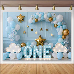 Lofaris Ein Jahr Alt Geburtstag Hintergrund Blauer Ballonbogen Leuchtschild EINS Sterne