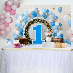 Lofaris 1. Geburtstag Cake Smash Hintergrund Blauer Ballonbogen Blumenkranz Große Blaue 1
