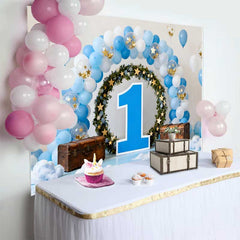 Lofaris 1. Geburtstag Cake Smash Hintergrund Blauer Ballonbogen Blumenkranz Große Blaue 1