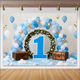 Lofaris 1. Geburtstag Cake Smash Hintergrund Blauer Ballonbogen Blumenkranz Große Blaue 1