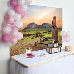 Lofaris Sonnenuntergang Osterinsel Moai Statue Berg Hintergrund Antike Historische Ruinen