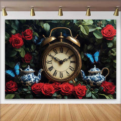 Lofaris Verwunschener Garten Hochzeit Hintergrund Vintage Uhr Rote Rosen Teekannen
