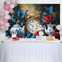 Lofaris Vintage Uhr Blaue Schmetterlinge Hochzeit Hintergrund Rote Rosen Teekannen