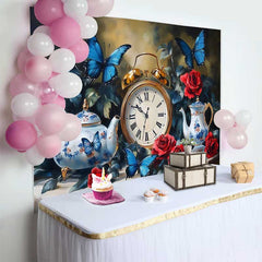 Lofaris Vintage Uhr Blaue Schmetterlinge Hochzeit Hintergrund Rote Rosen Teekannen