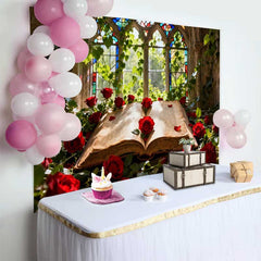 Lofaris Verwunschenes Buntglasfenster Hochzeit Hintergrund Rote Rosen Altes Buch