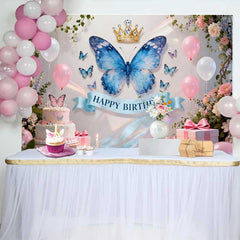 Lofaris Eleganter Blauer Schmetterling Goldene Krone Geburtstag Hintergrund Blumen