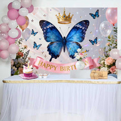Lofaris Blauer Schmetterling Goldene Krone Geburtstag Hintergrund Elegante Blumen Ballons