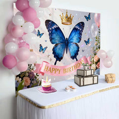 Lofaris Blauer Schmetterling Goldene Krone Geburtstag Hintergrund Elegante Blumen Ballons