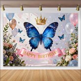 Lofaris Blauer Schmetterling Goldene Krone Geburtstag Hintergrund Elegante Blumen Ballons