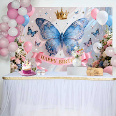 Lofaris Funkelnder Blauer Schmetterling Goldene Krone Geburtstag Hintergrund Feen Party