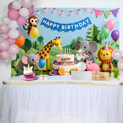 Lofaris Bunte Cartoon Dschungel Safari Tiere Happy Birthday Fotohintergrund Torte Ballons Party Deko
