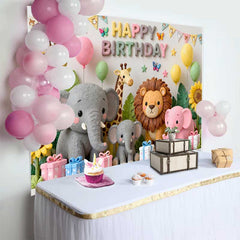 Lofaris Süße Safari Tiere Happy Birthday Fotohintergrund Giraffe Elefant Löwe Pastell Dschungel Party