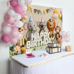 Lofaris Süße Safari Tiere Happy Birthday Fotohintergrund Elefant Löwe und Affe Kinder Party Abenteuer