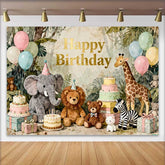 Lofaris Happy Birthday Dschungel Safari Tiere Fotohintergrund Aquarell Elefant Löwe Giraffe Ballons
