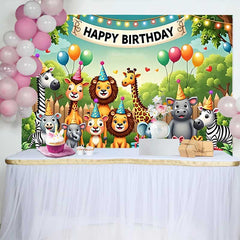 Lofaris Süße Safari Tiere Happy Birthday Fotohintergrund Partyhüte und Ballons Kinder Party Dekoration