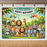 Lofaris Süße Safari Tiere Happy Birthday Fotohintergrund Partyhüte und Ballons Kinder Party Dekoration