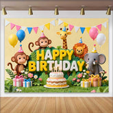 Lofaris Süße Dschungel Tiere Happy Birthday Fotohintergrund Torte und Ballons Safari Thema Dekoration