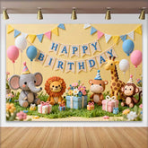 Lofaris Gelber Happy Birthday Fotohintergrund Süße Safari Tiere Pastell Ballons Geschenke Kinder Party