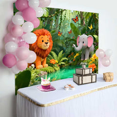 Lofaris Süßer Cartoon Löwe Elefant Dschungel Geburtstag Fotohintergrund Wilde Safari Abenteuer Party
