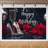 Lofaris Eleganter Schwarz Silber Glitzer Happy Birthday Fotohintergrund Rote Rosen Champagner High Heels