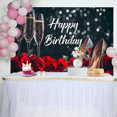 Lofaris Schwarz Rot Happy Birthday Fotohintergrund Champagnergläser Rosen Glitzer High Heels Elegante Deko