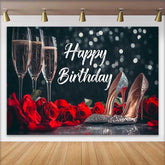 Lofaris Schwarz Rot Happy Birthday Fotohintergrund Champagnergläser Rosen Glitzer High Heels Elegante Deko