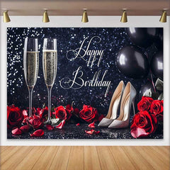 Lofaris Schwarz Glitzer Happy Birthday Fotohintergrund Champagner Rote Rosen Silber High Heels Feier