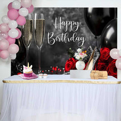 Lofaris Schwarz Rot Gold Happy Birthday Fotohintergrund Champagner Glitzer High Heels Rosen Elegante Feier