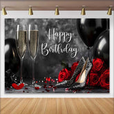 Lofaris Schwarz Rot Gold Happy Birthday Fotohintergrund Champagner Glitzer High Heels Rosen Elegante Feier