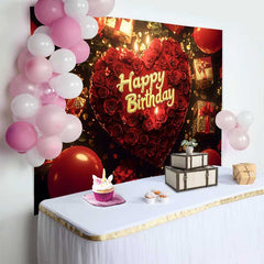 Lofaris Rote Rosen Herz Happy Birthday Fotohintergrund Goldene Geschenke Ballons Elegante Feier Party