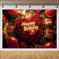 Lofaris Rote Rosen Herz Happy Birthday Fotohintergrund Goldene Geschenke Ballons Elegante Feier Party