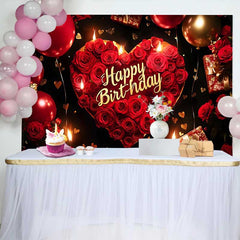 Lofaris Rote Rosen Herz Happy Birthday Fotohintergrund Gold Ballons Geschenke für Elegante Party Feier