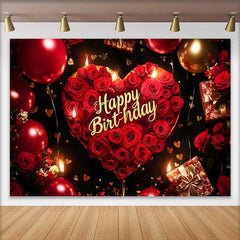 Lofaris Rote Rosen Herz Happy Birthday Fotohintergrund Gold Ballons Geschenke für Elegante Party Feier