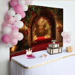 Lofaris Romantischer Rosen-Bogen-Hintergrund mit roten Blütenblättern, eleganter Kronleuchter für Hochzeiten, Verlobungen