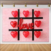 Lofaris Roter Herz-Liebe-Valentinstagshintergrund, Tic-Tac-Toe-Design auf rosa Ziegelwand, romantische Fotokulisse