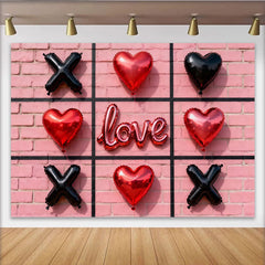 Lofaris Rosa Ziegelwand Tic-Tac-Toe Herz und X Ballons Love Partyhintergrund, für Valentinstag und romantische Feiern